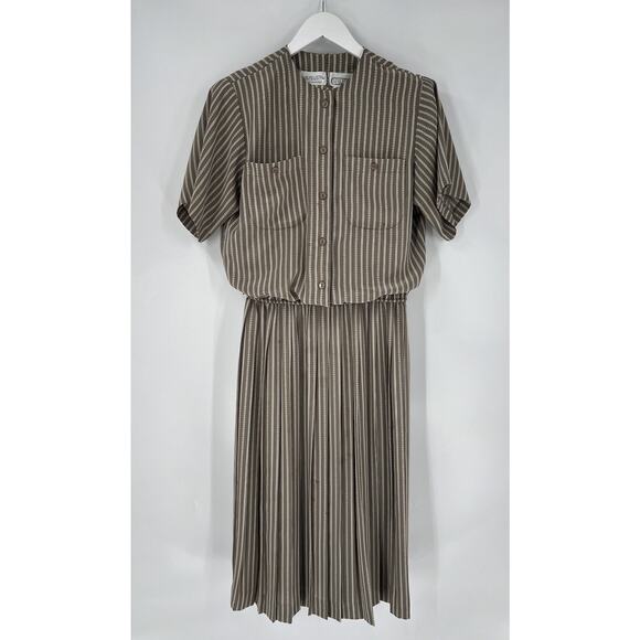 Vintage Liz Roberts Shirt Dress Womens Small Beige White Striped Ruffle Casual - Picture 1 of 16